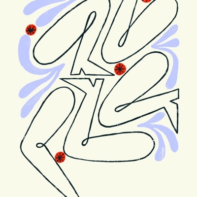 Desenho artístico com figuras humanas estilizadas em linhas pretas, manchas roxas e círculos vermelhos com estrelas pretas