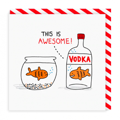 Desenho com aquário e garrafa de vodka com peixes laranja e texto 'THIS IS AWESOME!'.