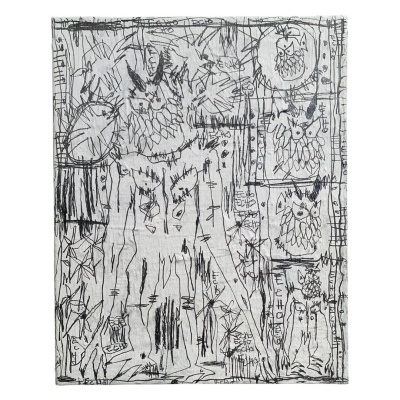 Tela ou quadro com desenho a preto e branco de figuras abstratas semelhantes a animais com chifres.