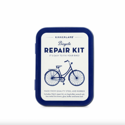 Estojo de kit de reparação de bicicleta azul e branco com desenho de bicicleta e texto em inglês