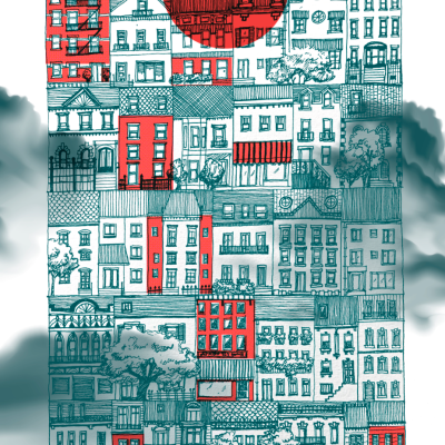 Ilustração de edifícios com detalhes em vermelho e azul e um círculo vermelho no topo