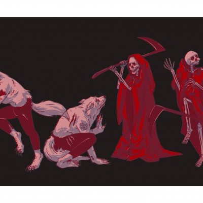 Ilustrações de personagens vampiro, lobisomens e esqueletos em tons vermelhos e castanhos com fundo preto