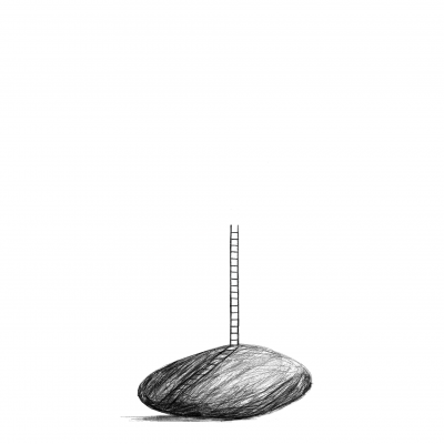 Desenho a preto e branco de uma pedra ovalada com uma escada fina vertical sobre ela
