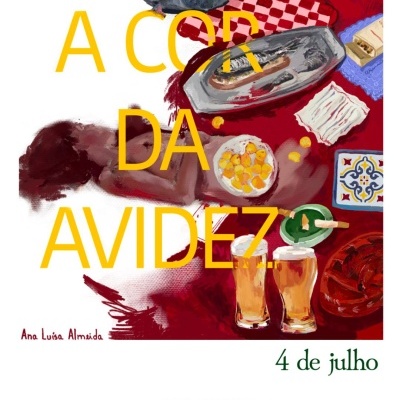 Pintura de mesa com comida, bebida e pomba, com texto promocional em amarelo, vermelho e verde.