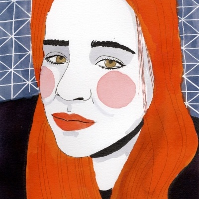 Ilustração de retrato feminino com cabelo laranja e fundo azul com padrão geométrico