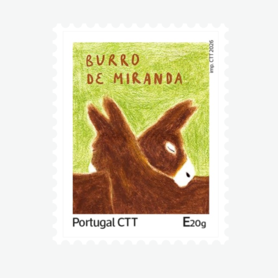 Selo postal com ilustração de dois burros castanhos e texto BURRO DE MIRANDA