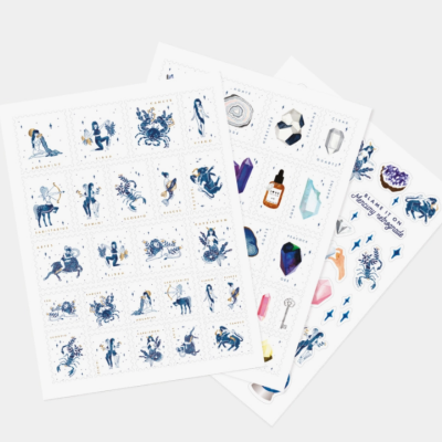 Folhas de autocolantes com signos do zodíaco e cristais coloridos