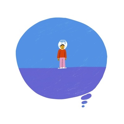 Ilustração de pessoa dentro de bola de pensamento azul e roxa