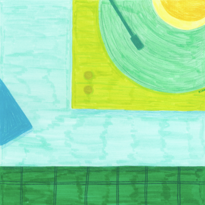 Desenho abstrato com objetos em tons de verde, amarelo e azul