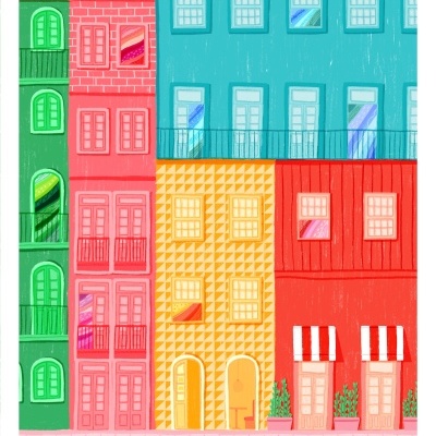 Ilustração colorida de fachadas de prédios com muitas janelas, portas, varandas e toldos, ao lado de um corpo de água.