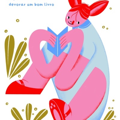 Ilustração de menina rosa com cabelo vermelho e vestido azul a ler um livro azul