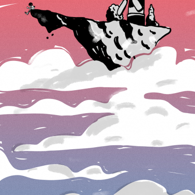 Ilustração de ilha flutuante com moinhos e nuvens