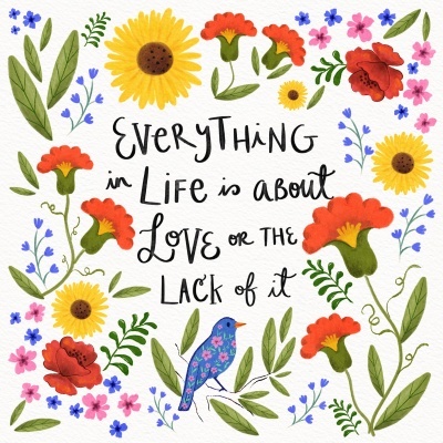 Imagem decorativa com flores coloridas e texto manuscrito sobre a vida e o amor