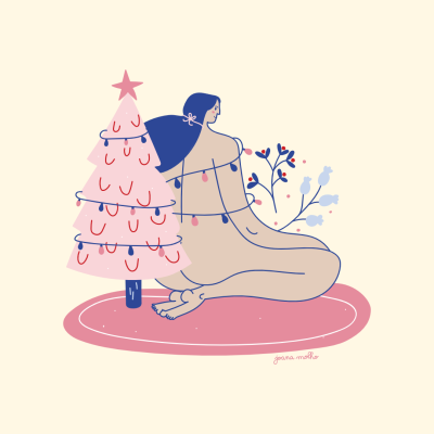 ilustração mulher com árvore de Natal cor-de-rosa e luzes azuis