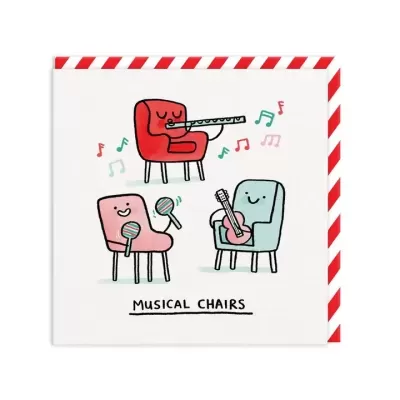 Desenho de três cadeiras com instrumentos musicais e texto 'MUSICAL CHAIRS'