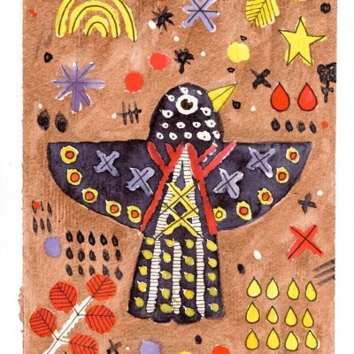 Tapete decorativo com pássaro estilizado e padrões coloridos sobre fundo castanho