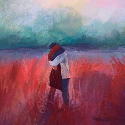 Imagem artística de casal a abraçar-se em campo de relva vermelha sob céu em tons pastel