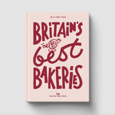 Livro rosa claro com título Britain’s Best Bakeries em vermelho e ilustração de pão e xícara
