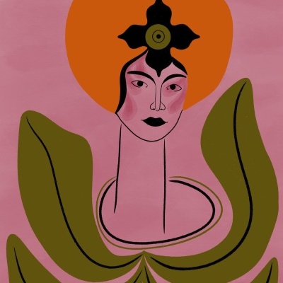 Ilustração abstrata de figura feminina com formas verdes e círculo laranja