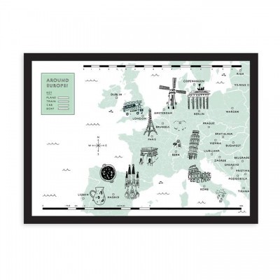 Mapa estilizado da Europa com cidades e monumentos famosos em preto e branco