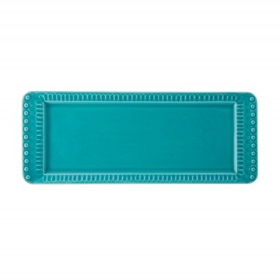 Prato retangular azul turquesa com padrão em relevo nas bordas