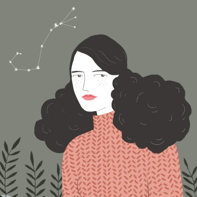 Ilustração de mulher com cabelo encaracolado e camisola rosa com padrão