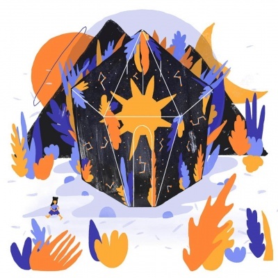 Objeto hexagonal com padrão de sol e símbolos rúnicos em meio a elementos coloridos abstratos