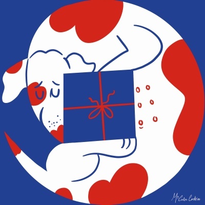Ilustração de cão branco com manchas vermelhas segurando caixa azul com laço vermelho