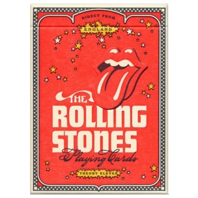 Caixa de cartas de baralho vermelha dos Rolling Stones com logo e estrelas