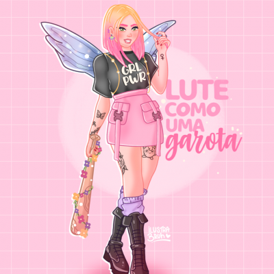 Ilustração de rapariga com t-shirt GRL PWR, saia rosa, taco de beisebol e asas de fada