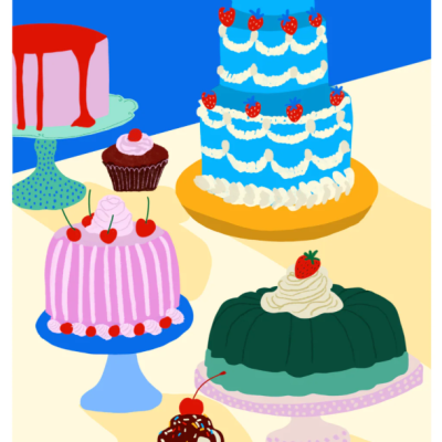 Ilustração de vários bolos e cupcakes coloridos em diferentes suportes