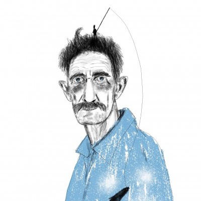 Desenho artístico de um homem com camisa azul e uma pequena figura a pescar no seu cabelo