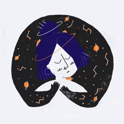 Ilustração de mulher com cabelo azul e manto preto com constelações e planetas