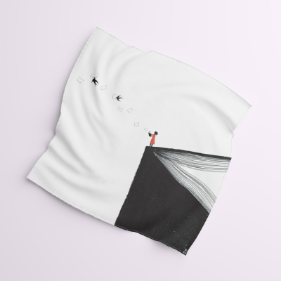 Lenço branco com ilustração artística de menina em vestido vermelho em cima de livro preto aberto e folhas transformando-se em pássaros.