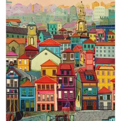 Ilustração de casas coloridas ao lado de água com barcos e uma torre com sino ao fundo