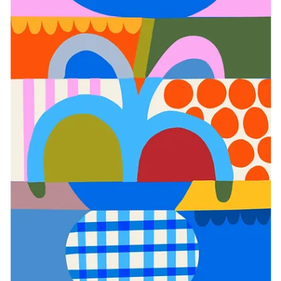 Pintura abstrata colorida com vaso xadrez e formas geométricas