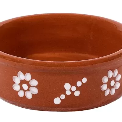 Caixa redonda em terracota com padrão branco
