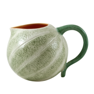 Jarro de cerâmica verde claro com pega verde e interior laranja