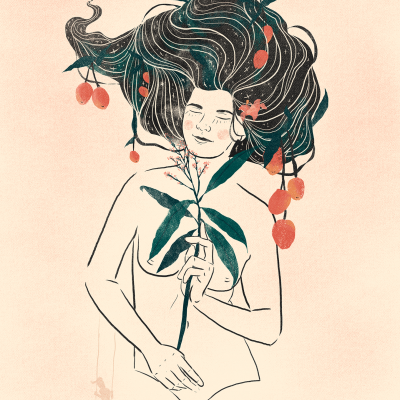 Ilustração de mulher com cabelo longo decorado com folhas e frutos vermelhos segurando um ramo