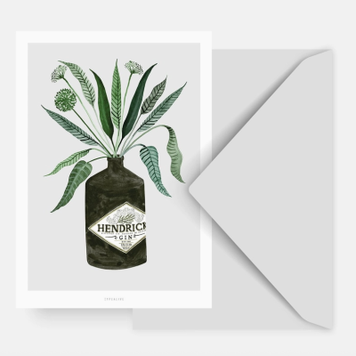 Postal com ilustração de garrafa Hendrick's gin com folhas e envelope cinzento aberto