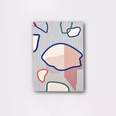 Caderno com capa abstrata colorida e padrão de linhas verticais.