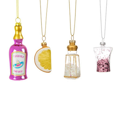 Ornamentos pendentes de vidro em forma de garrafa de tequila, rodela de limão, saleiro e copo com glitter