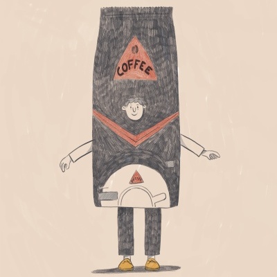 Personagem fantasiada de pacote de café preto com texto 'COFFEE'