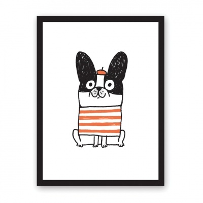 Ilustração de cão estilizado com riscas laranja e barrete em quadro com moldura preta