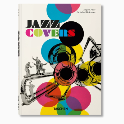 Capa de livro com design colorido e instrumentos de sopro em preto e branco.