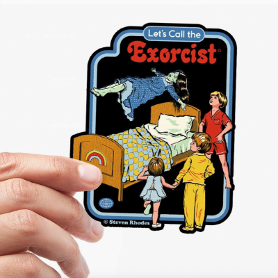 Adesivo com ilustração de cena de exorcismo com crianças e cama