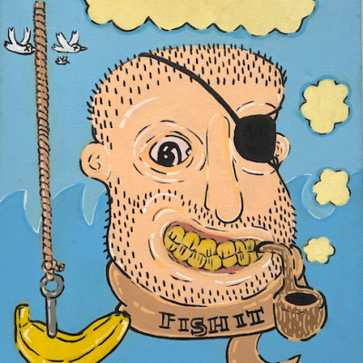 Desenho de rosto com tapa-olho, dentes dourados, cachimbo e banana suspensa por corda em fundo azul