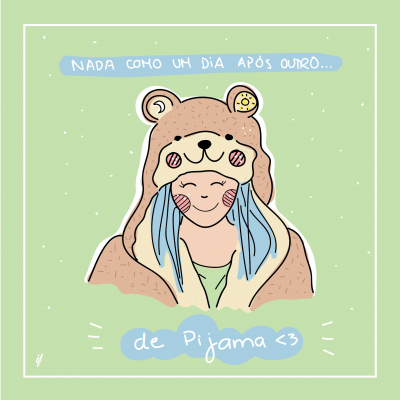 Ilustração de pessoa com pijama de urso e texto em português