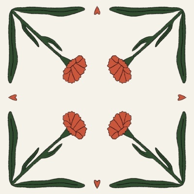 Padrão com flores vermelhas, folhas verdes e corações vermelhos sobre fundo branco