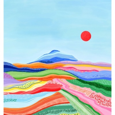 Pintura abstracta colorida com colinas onduladas e sol vermelho